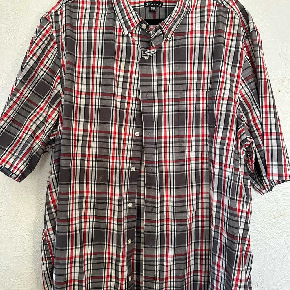 George Men's Casual Red and Black Plaid Shirt